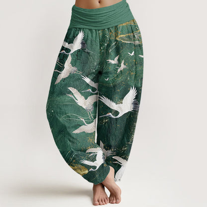 Pure Cotton Flying White Cranes Auspicious Clouds Design Women's Elastic Waist Harem Pants