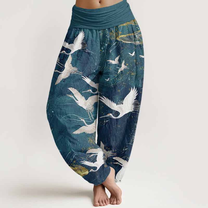 Pure Cotton Flying White Cranes Auspicious Clouds Design Women's Elastic Waist Harem Pants