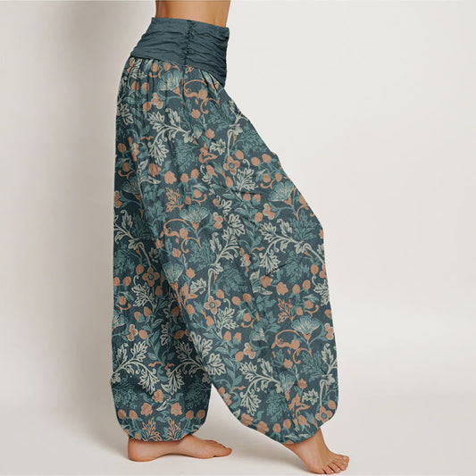 Cotton Casual Flower Vine Leaves Pattern Women's Elastic Waist Harem Pants