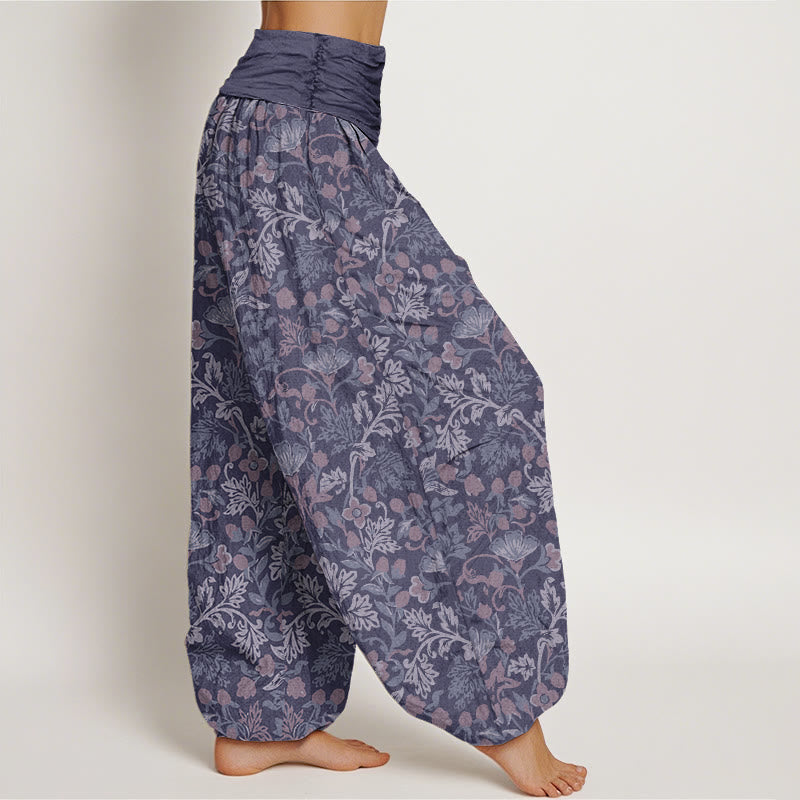 Cotton Casual Flower Vine Leaves Pattern Women's Elastic Waist Harem Pants