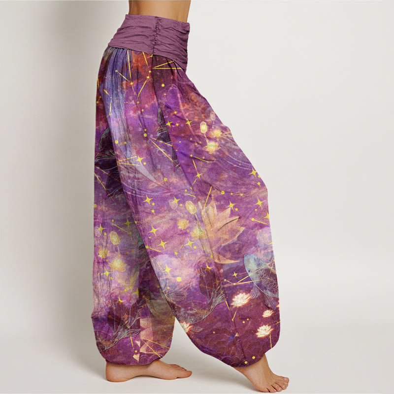 Cotton Koi Fish Lotus Moon Stars Pattern Women's Elastic Waist Harem Pants