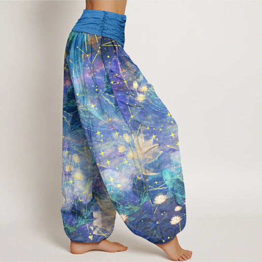 Cotton Koi Fish Lotus Moon Stars Pattern Women's Elastic Waist Harem Pants
