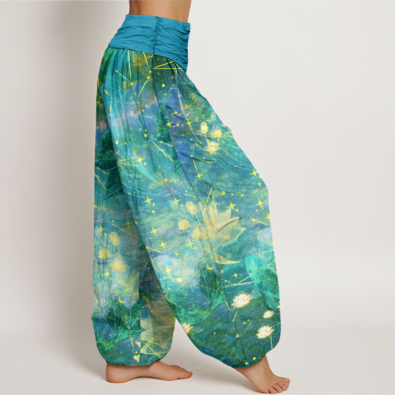 Cotton Koi Fish Lotus Moon Stars Pattern Women's Elastic Waist Harem Pants