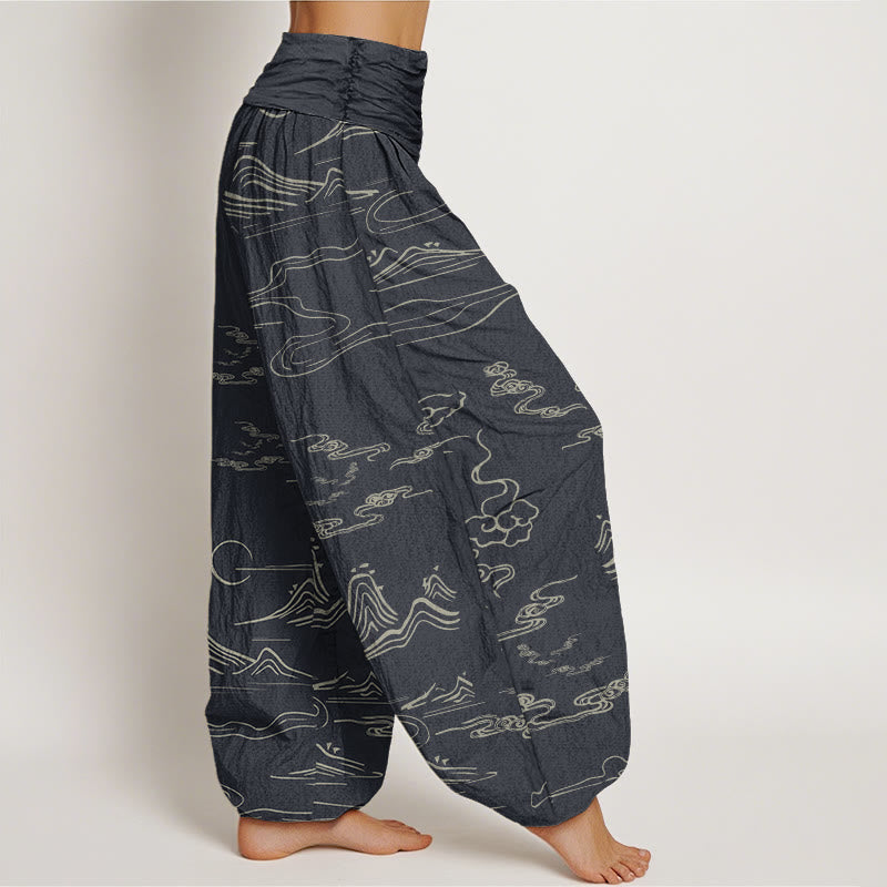 Cotton Mountain Moon Auspicious Clouds Pattern Women's Elastic Waist Harem Pants
