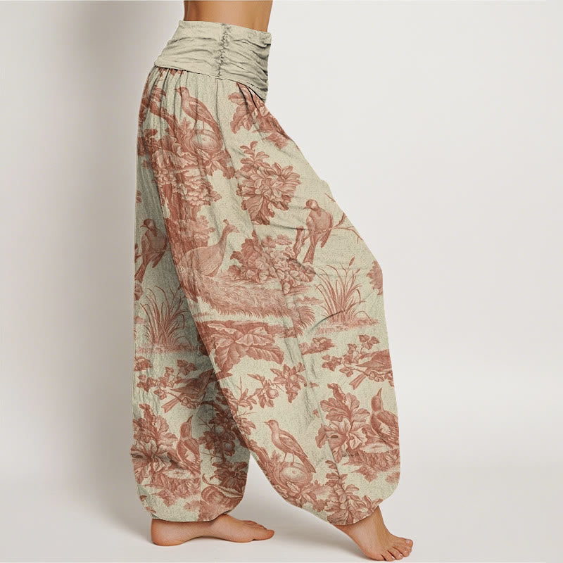 Cotton Birds Trees Branches Pattern Women's Elastic Waist Harem Pants