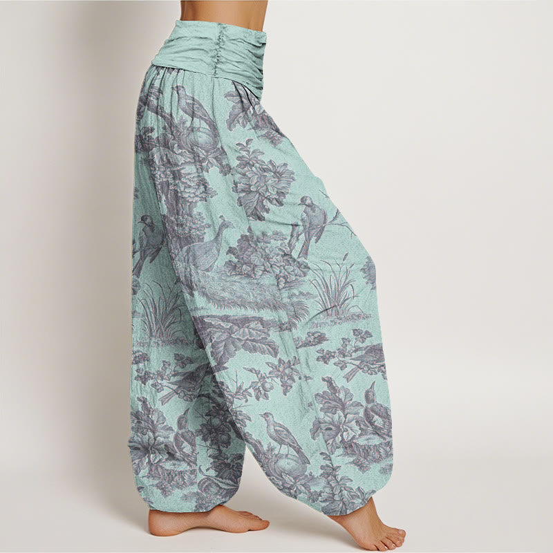 Cotton Birds Trees Branches Pattern Women's Elastic Waist Harem Pants