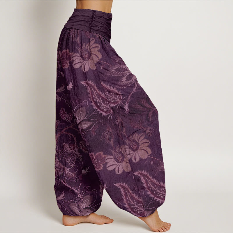 Cotton Casual Floral Leaves Women's Elastic Waist Harem Pants