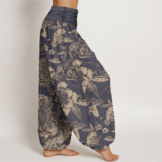 Cotton Casual Peony Flowers Leaves Women's Elastic Waist Harem Pants