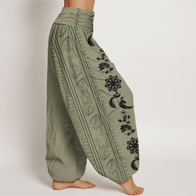 Cotton Dharma Wheel Lotus OM Pattern Women's Elastic Waist Harem Pants