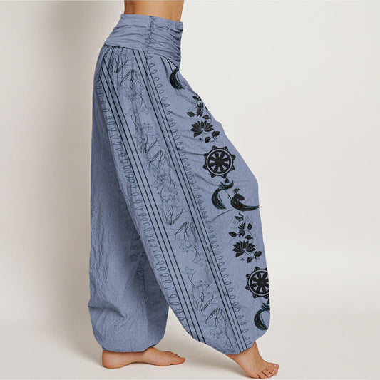 Cotton Dharma Wheel Lotus OM Pattern Women's Elastic Waist Harem Pants