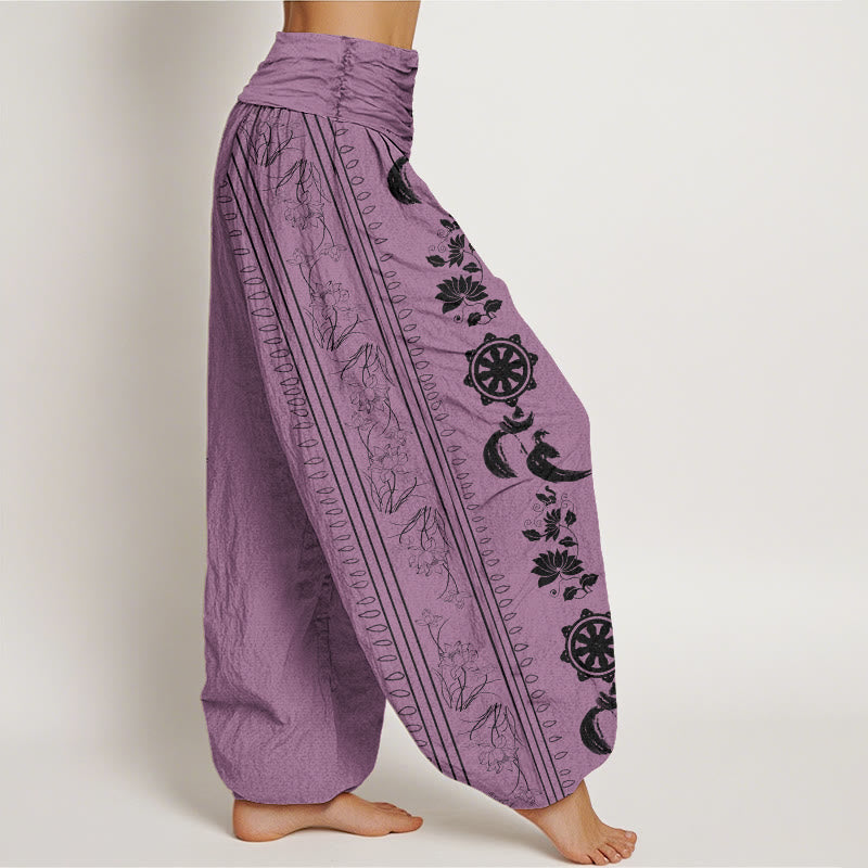 Cotton Dharma Wheel Lotus OM Pattern Women's Elastic Waist Harem Pants