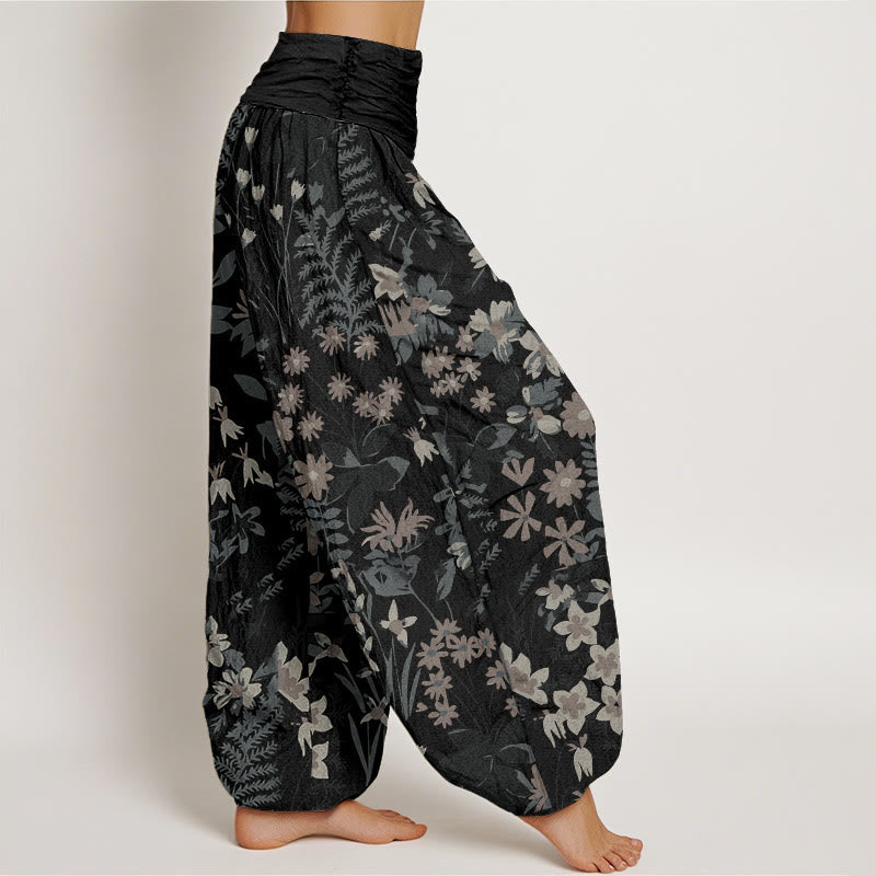 Cotton Casual Daisy Flowers Leaves Design Women's Elastic Waist Harem Pants
