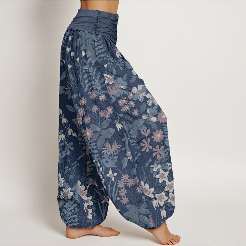 Cotton Casual Daisy Flowers Leaves Design Women's Elastic Waist Harem Pants