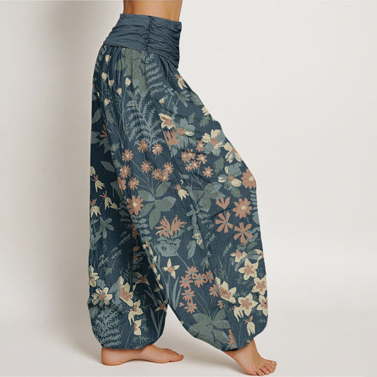 Cotton Casual Daisy Flowers Leaves Design Women's Elastic Waist Harem Pants