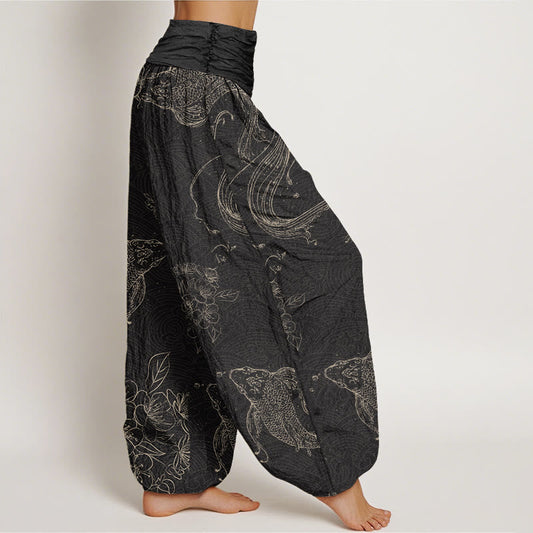 Cotton Koi Fish Floral Pattern Women's Elastic Waist Harem Pants
