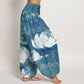 Cotton White Lotus Leaves Pattern Casual Women's Elastic Waist Harem Pants