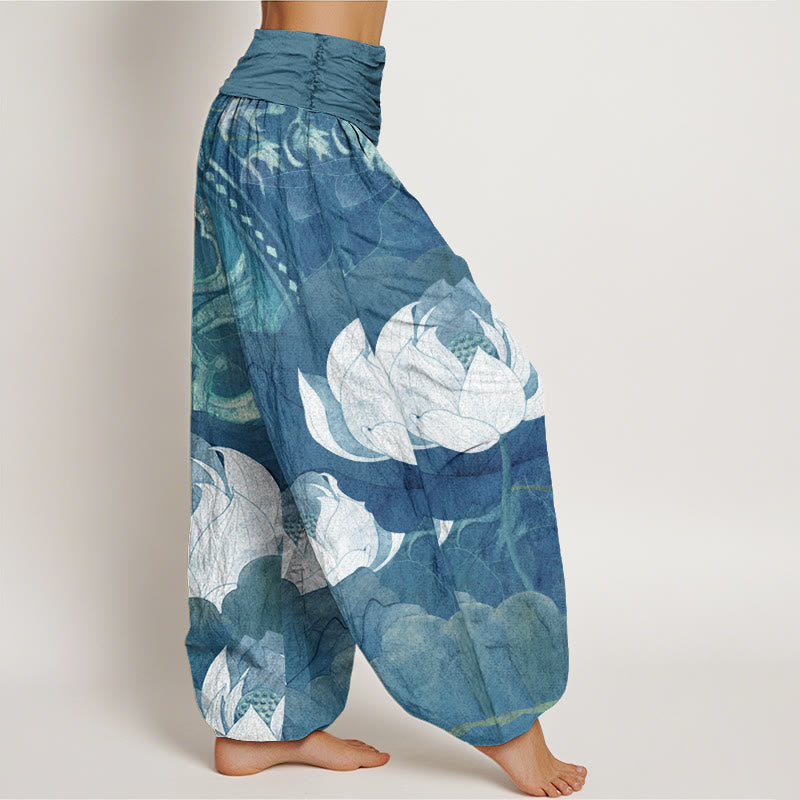 Cotton White Lotus Leaves Pattern Casual Women's Elastic Waist Harem Pants