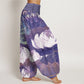 Cotton White Lotus Leaves Pattern Casual Women's Elastic Waist Harem Pants