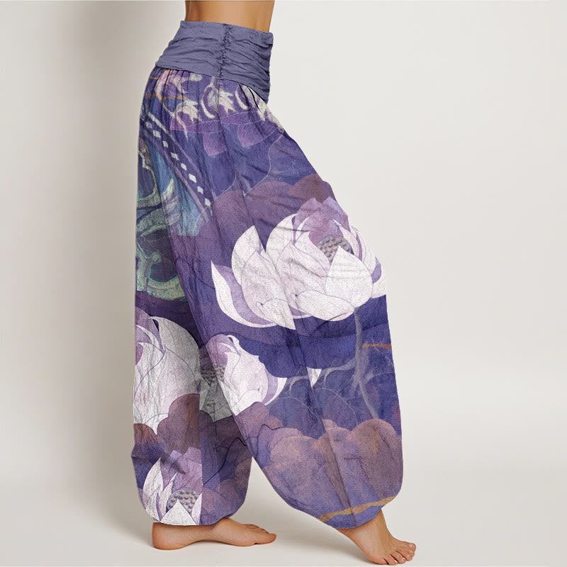 Cotton White Lotus Leaves Pattern Casual Women's Elastic Waist Harem Pants