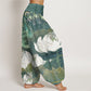 Cotton White Lotus Leaves Pattern Casual Women's Elastic Waist Harem Pants