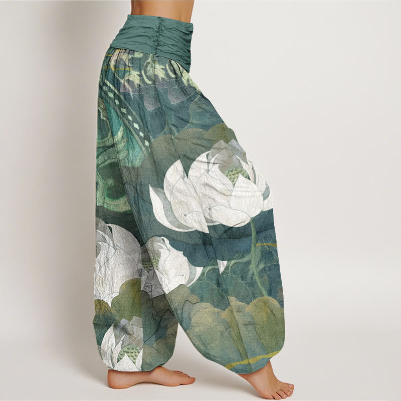 Cotton White Lotus Leaves Pattern Casual Women's Elastic Waist Harem Pants