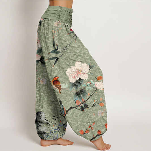 Cotton Warbler Bird Blooming Flower Branches Mandala Pattern Women's Elastic Waist Harem Pants
