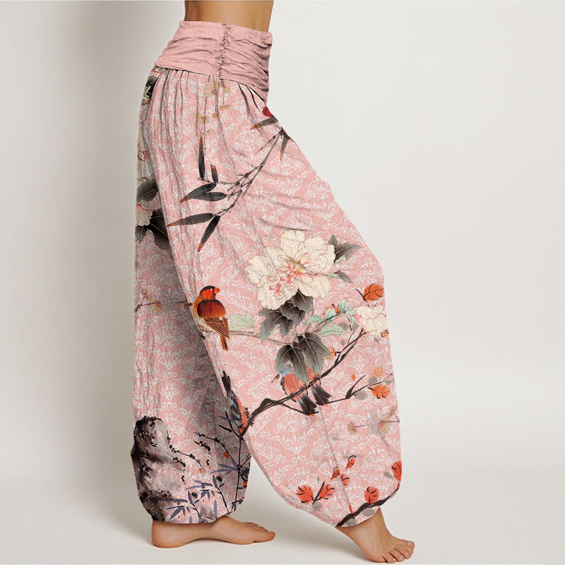 Cotton Warbler Bird Blooming Flower Branches Mandala Pattern Women's Elastic Waist Harem Pants