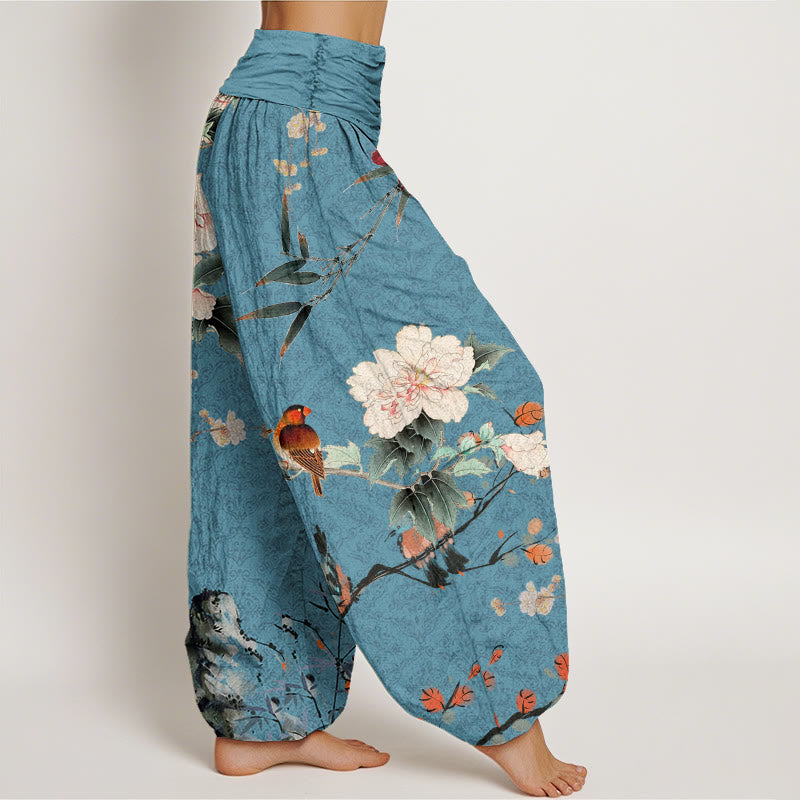 Cotton Warbler Bird Blooming Flower Branches Mandala Pattern Women's Elastic Waist Harem Pants