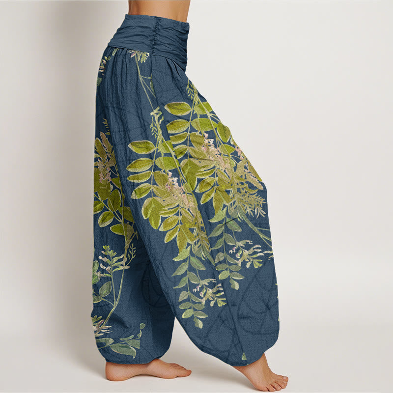 Cotton Green Leaves Branches Women's Elastic Waist Harem Pants