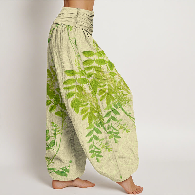 Cotton Green Leaves Branches Women's Elastic Waist Harem Pants