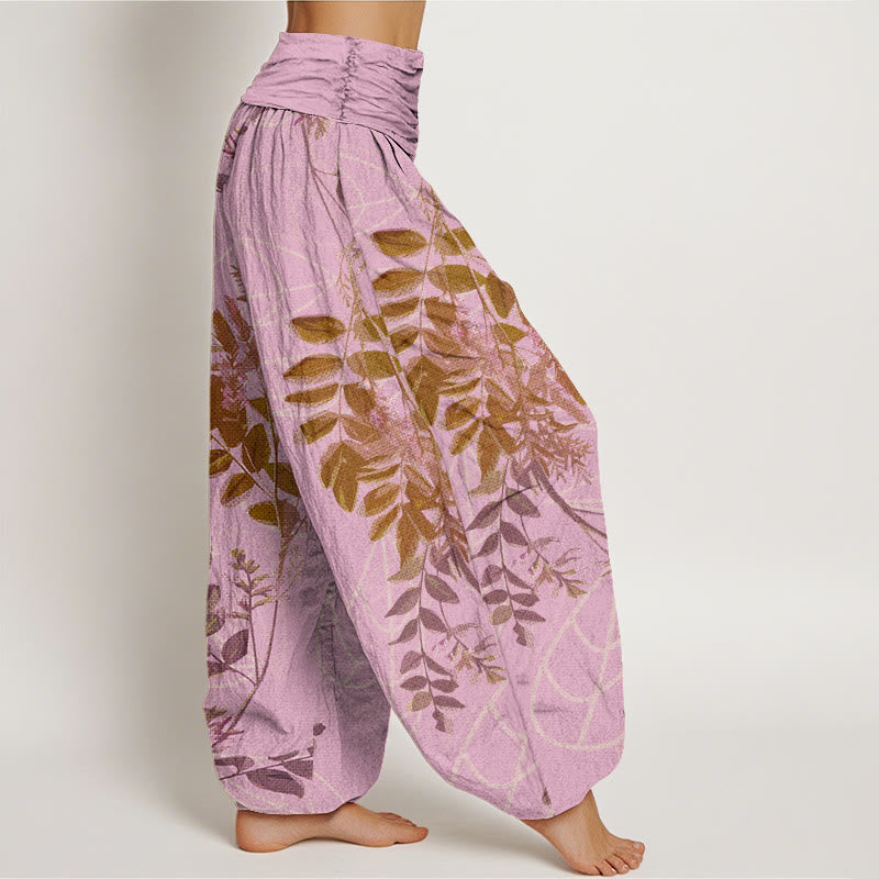 Cotton Green Leaves Branches Women's Elastic Waist Harem Pants