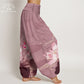 Cotton Pink Lotus Leaves Bird Pattern Women's Elastic Waist Harem Pants