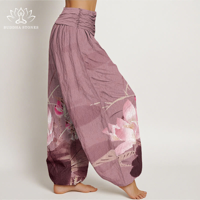 Cotton Pink Lotus Leaves Bird Pattern Women's Elastic Waist Harem Pants