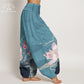 Cotton Pink Lotus Leaves Bird Pattern Women's Elastic Waist Harem Pants