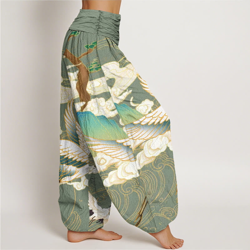 Cotton Flying Cranes Auspicious Clouds Tree women's Elastic Waist Harem Pants
