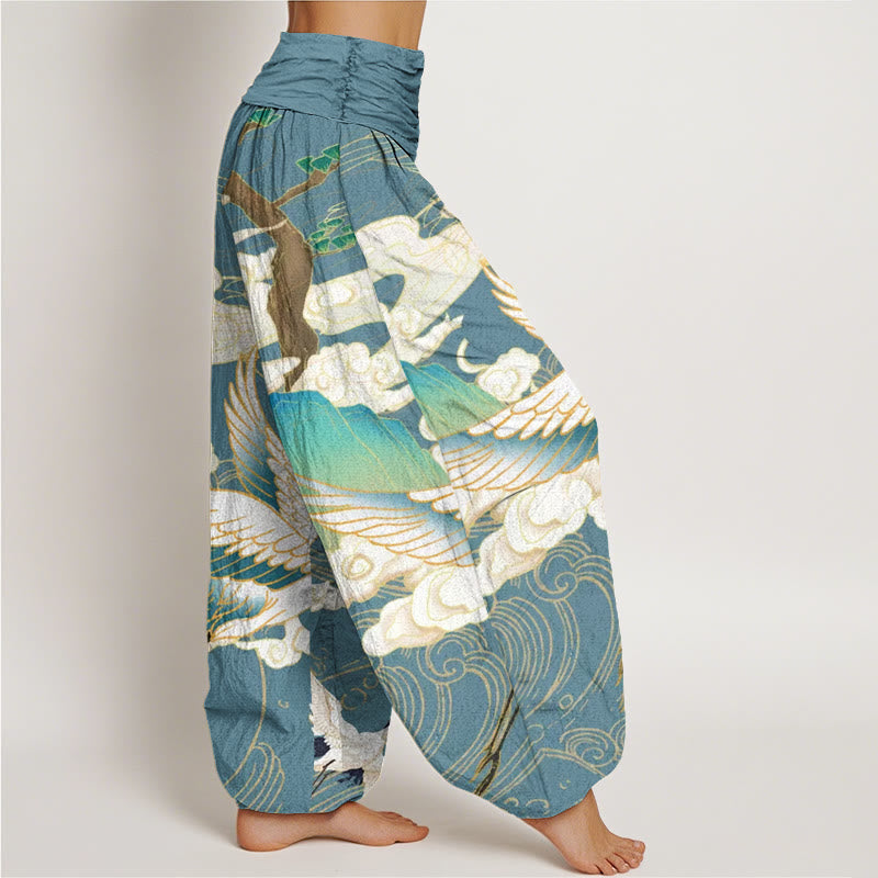 Cotton Flying Cranes Auspicious Clouds Tree women's Elastic Waist Harem Pants