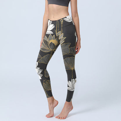 White Golden Lotus Leaves Print Gym Leggings Women's Yoga Pants