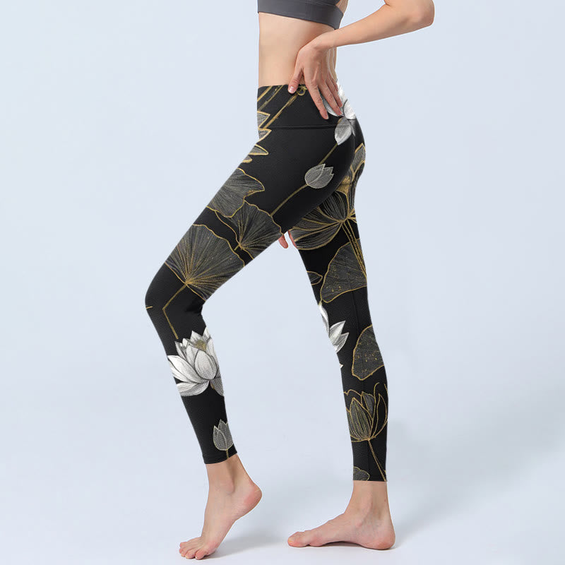 White Golden Lotus Leaves Print Gym Leggings Women's Yoga Pants