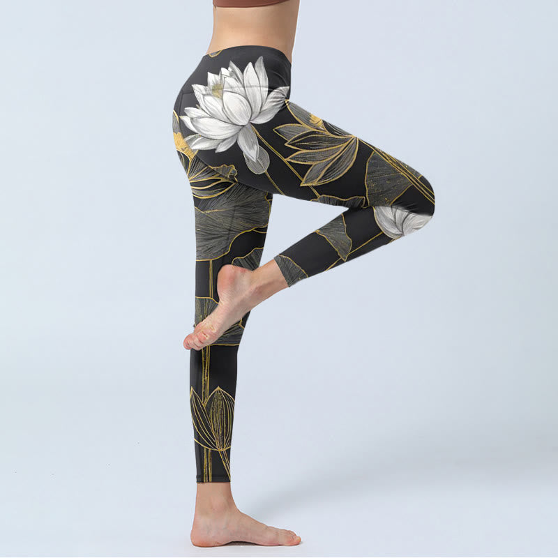 White Golden Lotus Leaves Print Gym Leggings Women's Yoga Pants