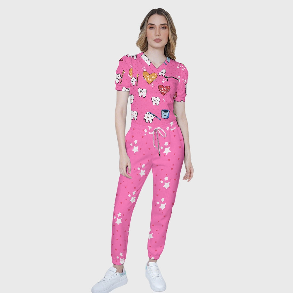 Women's V-Neck Love Your Smile Printed Scrub Set ST10