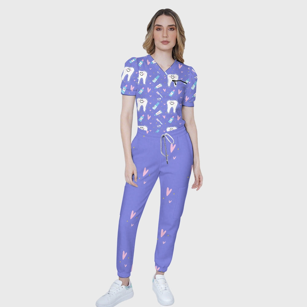 Women's V-Neck Brushing Teeth Printed Scrub Set ST11