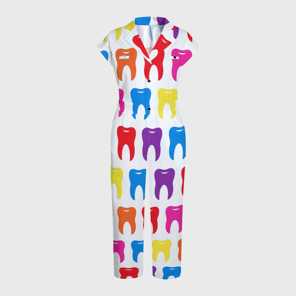 Women's Colorful Teeth Printed Scrub Jumpsuit JT05