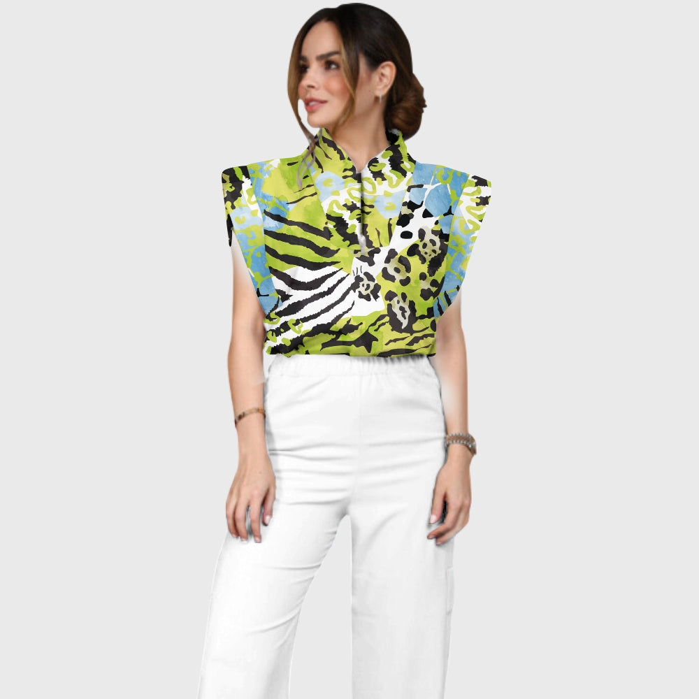 Women's Green Mixed Animal Printed Scrub Set SL09