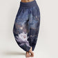 Pure Cotton Casual Lotus Starry Sky Clouds Pattern Women's Elastic Waist Harem Pants