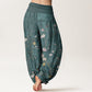 Pure Cotton Pink White Flowers Bamboo Leaves Fruits Design Women's Elastic Waist Harem Pants