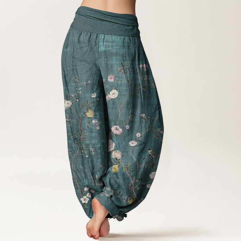 Pure Cotton Pink White Flowers Bamboo Leaves Fruits Design Women's Elastic Waist Harem Pants
