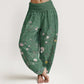 Pure Cotton Pink White Flowers Bamboo Leaves Fruits Design Women's Elastic Waist Harem Pants