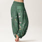Pure Cotton Pink White Flowers Bamboo Leaves Fruits Design Women's Elastic Waist Harem Pants