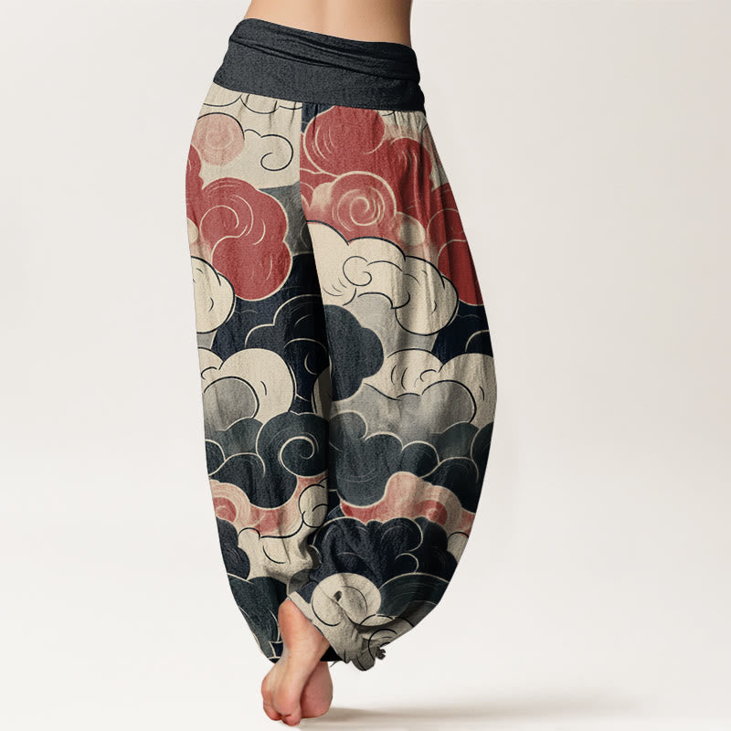 Pure Cotton Casual Auspicious Clouds Pattern Women's Elastic Waist Harem Pants