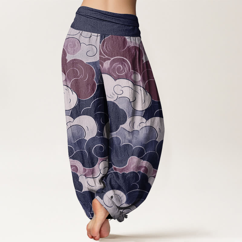 Pure Cotton Casual Auspicious Clouds Pattern Women's Elastic Waist Harem Pants